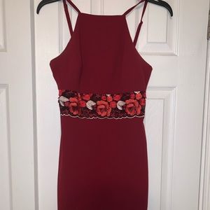 Burgundy Holter Top Dress with Floral Mesh